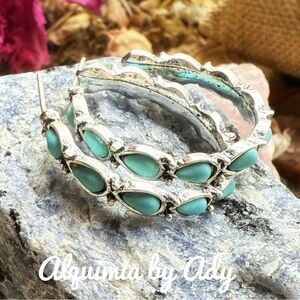 Turquoise and silver southwest western silver hoops statement earrings